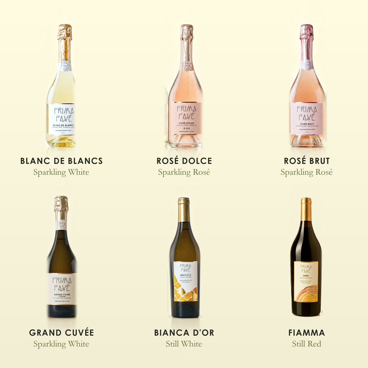 What's inside the Prima Pavé Complete Collection — all six bottles named in the image: Blanc de Blancs (Sparkling White), Rosé Dolce (Sparkling Rosé), Rosé Brut (Sparkling Rosé), Grand Cuvée (Sparkling White), Bianca D'Or (Still White), Fiamma (Still Red).