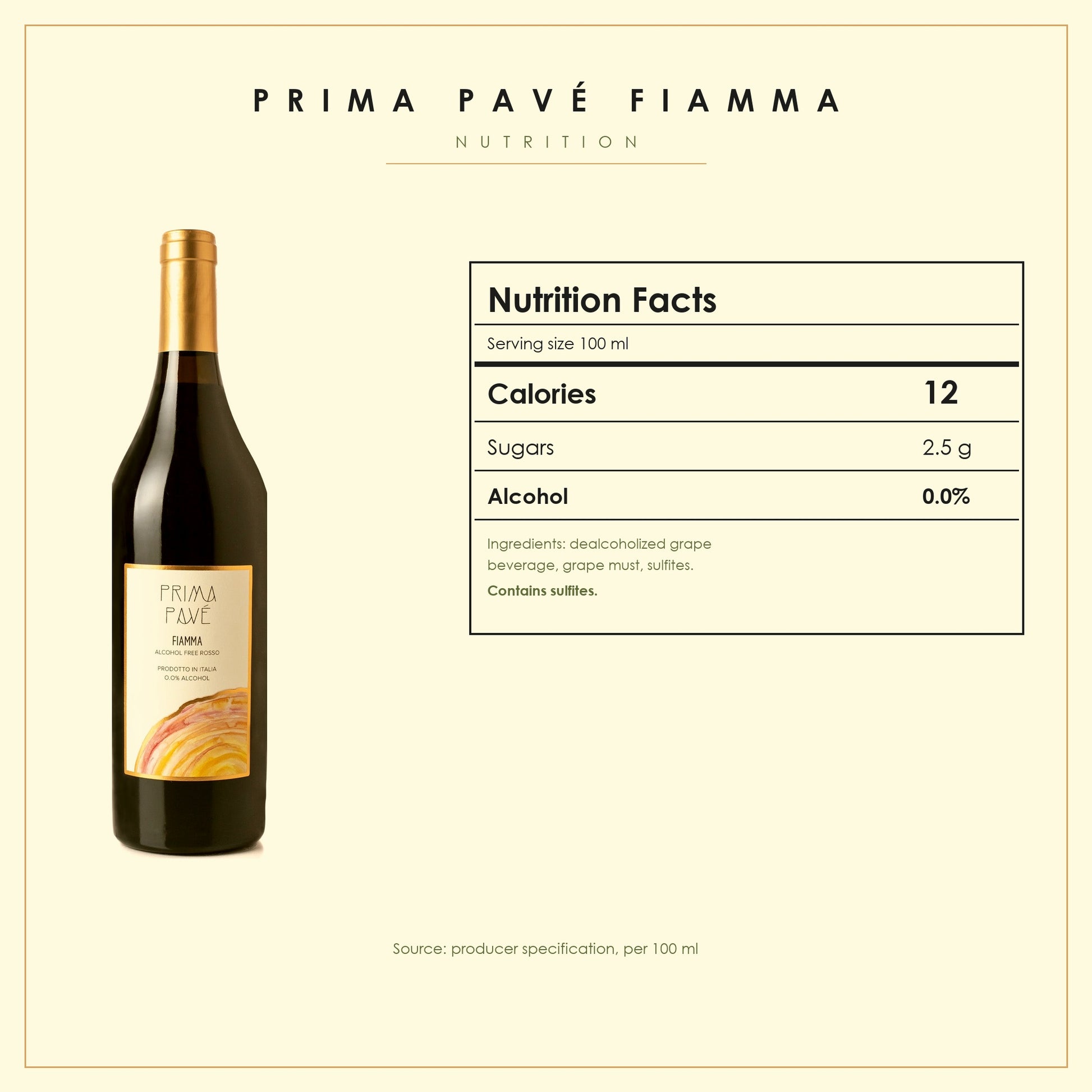 Prima Pavé Fiamma nutrition panel reading 100 ml serving, 12 calories, 2.5 g sugars, 0.0% alcohol, contains sulfites