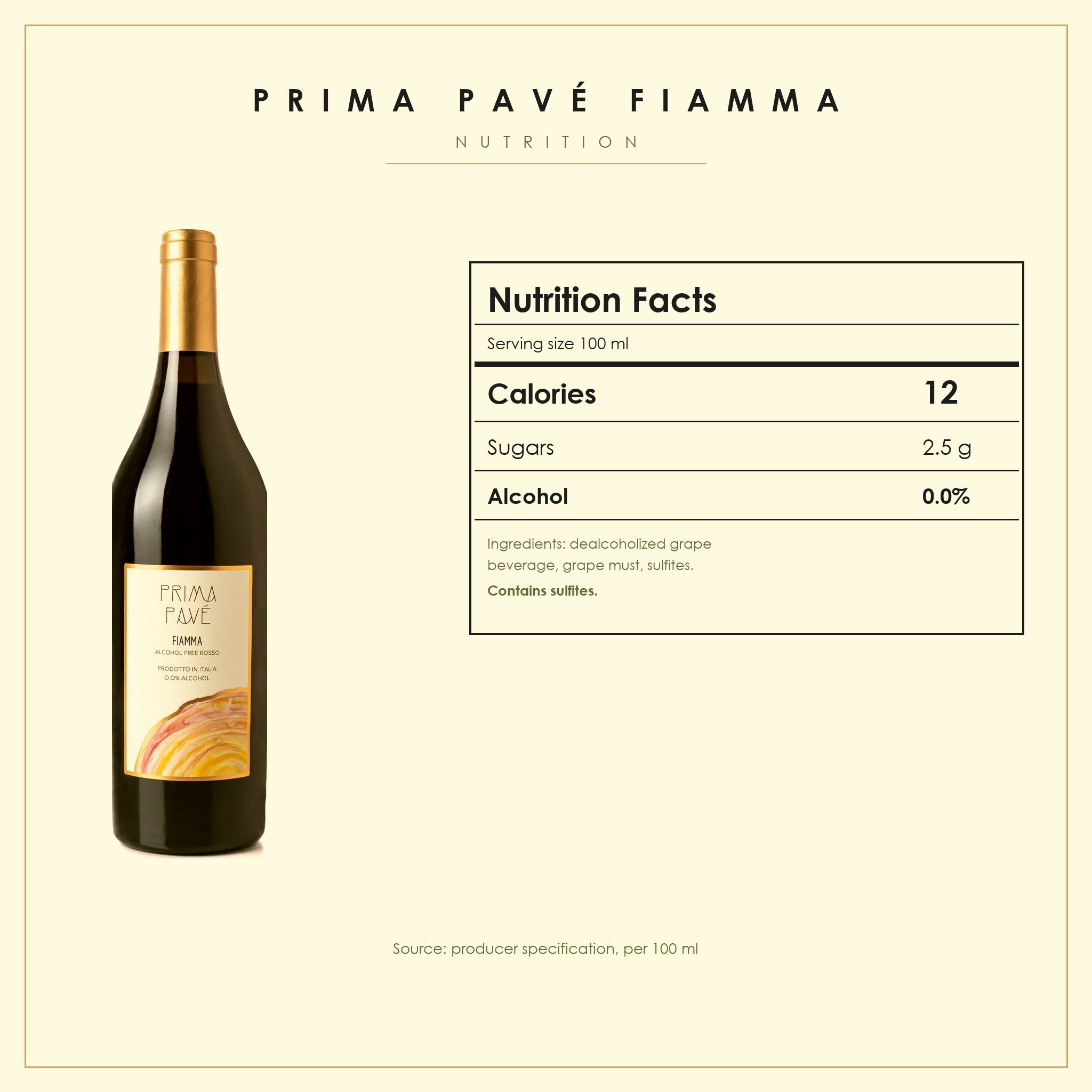 Prima Pavé Fiamma nutrition panel reading 100 ml serving, 12 calories, 2.5 g sugars, 0.0% alcohol, contains sulfites