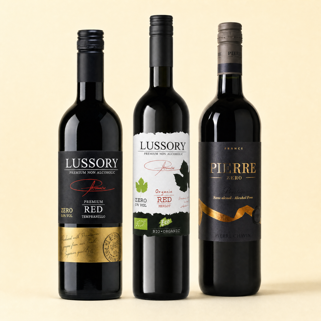Red Non-alcoholic Wine Sampler Pack - group hero: Lussory Premium Tempranillo, Lussory Organic Merlot and Pierre Chavin Prestige Cabernet Sauvignon and Merlot