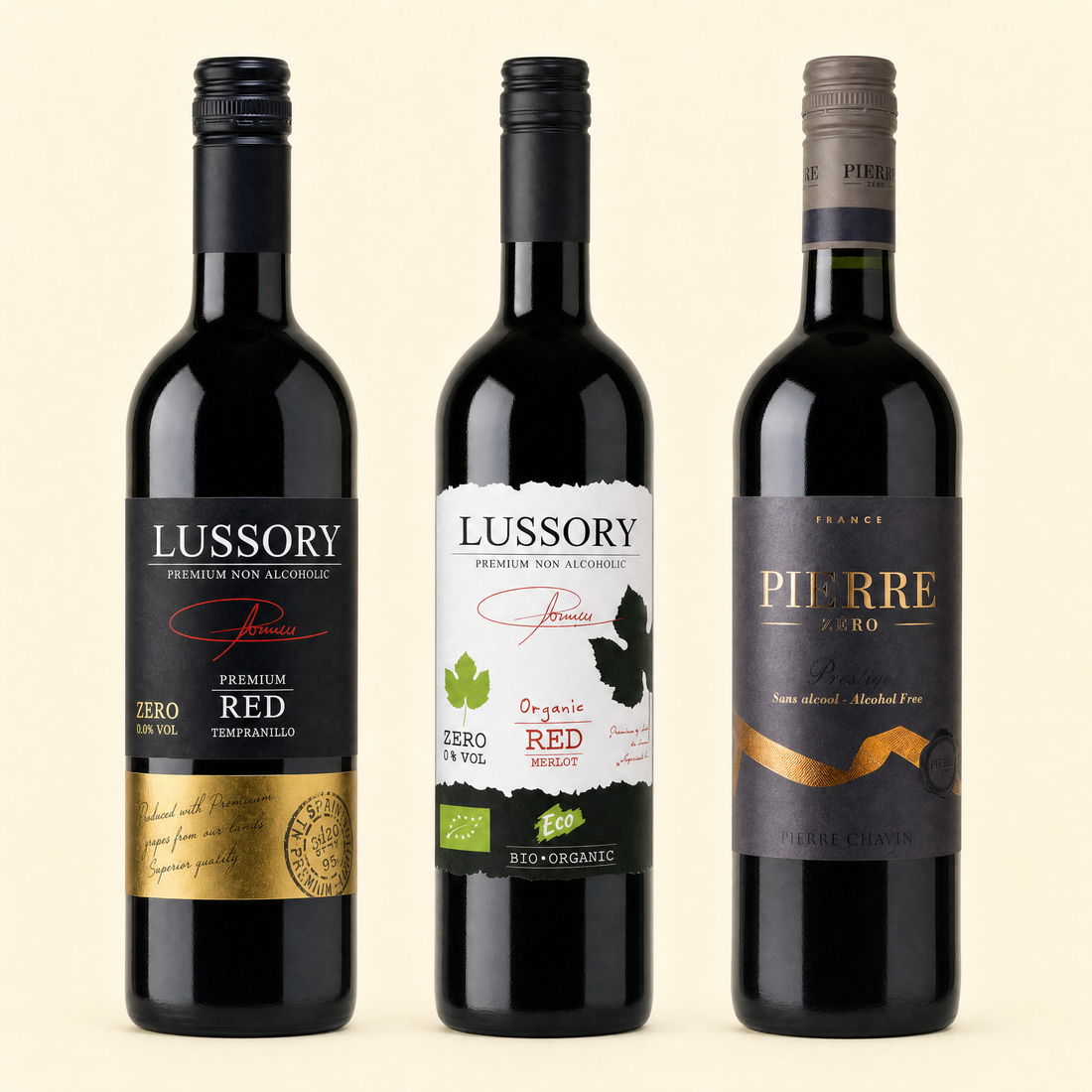 Red Non-alcoholic Wine Sampler Pack - group hero: Lussory Premium Tempranillo, Lussory Organic Merlot and Pierre Chavin Prestige Cabernet Sauvignon and Merlot