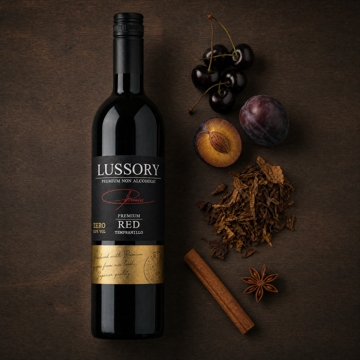 Lussory Premium Tempranillo tasting notes flat-lay with black cherry, plum, tobacco, cinnamon and star anise